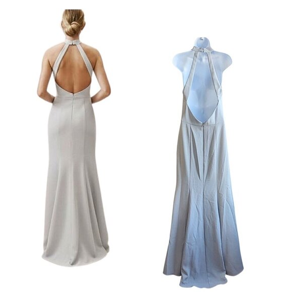 NWT BHLDN Serephina Gray Halter Open-Back Side-Slit Stretch Crepe Maxi Gown Size - Picture 6 of 8